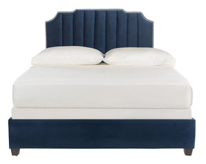 Streep Bed - Luxurious Navy Velvet Upholstered Bed with Tufted Headboard & Polished Nickel Detail