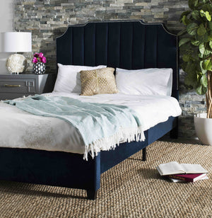 Streep Bed - Luxurious Navy Velvet Upholstered Bed with Tufted Headboard & Polished Nickel Detail