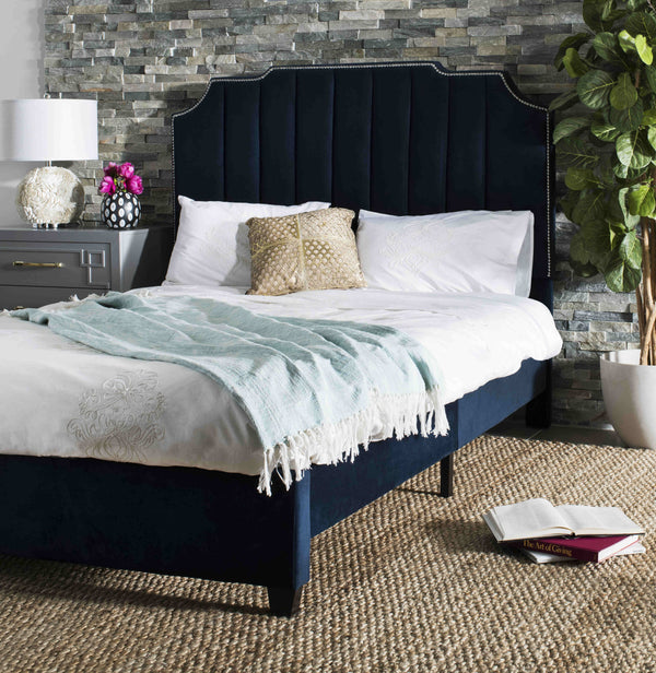 Streep Bed - Luxurious Navy Velvet Upholstered Bed with Tufted Headboard & Polished Nickel Detail