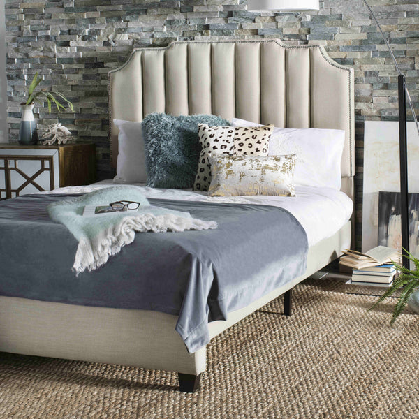 Streep Bed - Luxurious Navy Velvet Upholstered Bed with Tufted Headboard & Polished Nickel Detail