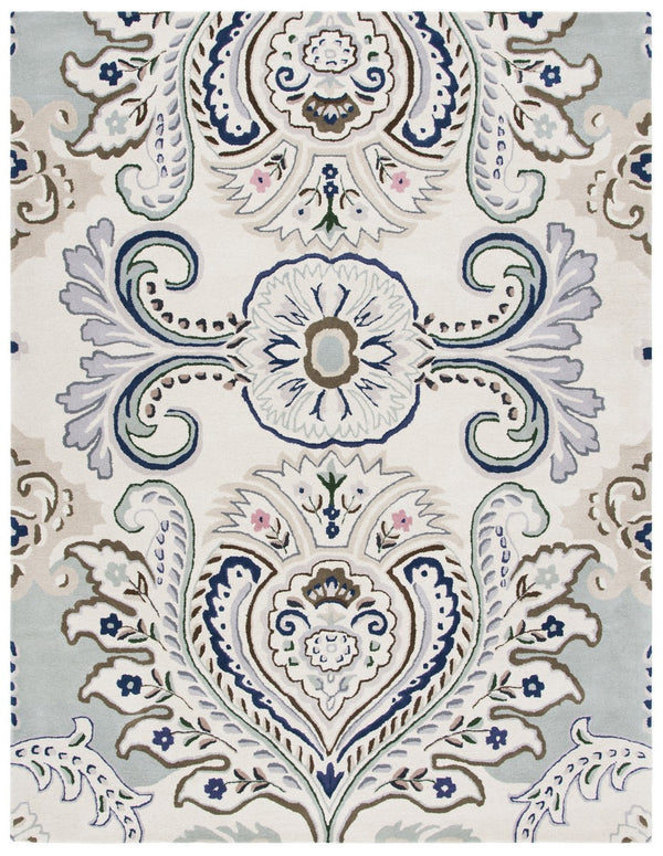 Bella 118 Country & Floral Hand Tufted 100% Wool Pile Rug Ivory / Blue