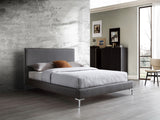 Liz Queen Bed , Fully Upholstered Dark Gray Faux Leather, Chrome Legs