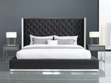 Abrazo Bed King, Black Faux Leather, Tufted Headboard, Stainless Steel Trim Along Headboard Foo...