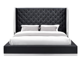 Abrazo Bed King, Black Faux Leather, Tufted Headboard, Stainless Steel Trim Along Headboard Foo...