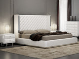 Abrazo Bed King, White Faux Leather, Tufted Headboard, Stainless Steel Trim Along Headboard Foot...