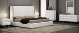 Abrazo Bed King, White Faux Leather, Tufted Headboard, Stainless Steel Trim Along Headboard Foot...