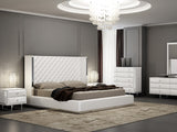 Abrazo Bed King, White Faux Leather, Tufted Headboard, Stainless Steel Trim Along Headboard Foot...