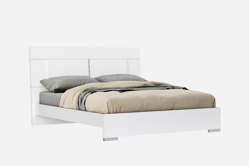 Kimberly Bed King, High Gloss White With Led Light On Headboard And Stainless Steel Legs