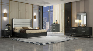 Los Angeles Bed King, High Gloss Grey With Geometric Design, Gray Faux Leather On Headboard, Sta...