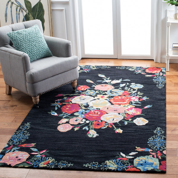 Blossom 575 Country & Floral Hand Tufted 100% Wool Pile Rug in Black, Pink 5ft x 8ft