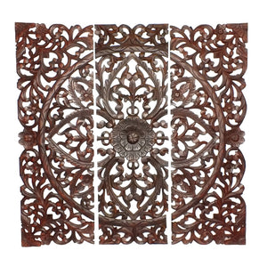 Benzara Three Piece Wooden Wall Panel Set with Traditional Scrollwork and Floral Details, Brown BM00067 Brown MDF BM00067