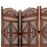 Benzara Traditional Four Panel Wooden Room Divider with Hand Carved Details, Antique Brown BM01866 Brown Mango, MDF and Metal BM01866