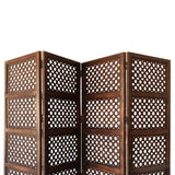 Benzara decorative Four Panel Mango Wood Hinged Room Divider with Circular Cutout Design, Brown BM01876 Brown Mango, MDF and Metal BM01876