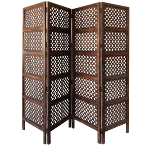 Benzara decorative Four Panel Mango Wood Hinged Room Divider with Circular Cutout Design, Brown BM01876 Brown Mango, MDF and Metal BM01876