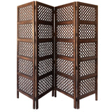 decorative Four Panel Mango Wood Hinged Room Divider with Circular Cutout Design, Brown