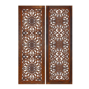 Benzara 2 Piece Mango Wood Wall Panel Set with Mendallion Carving, Burnt Brown BM01883 Brown Mango Wood and MDF BM01883