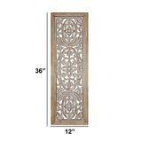 Benzara Rectangular Mango Wood Wall Panel Hand Crafted With Intricate Carving, White and Brown  BM01908 White and Brown Mango Wood and MDF BM01908