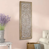 Benzara Rectangular Mango Wood Wall Panel Hand Crafted With Intricate Carving, White and Brown  BM01908 White and Brown Mango Wood and MDF BM01908