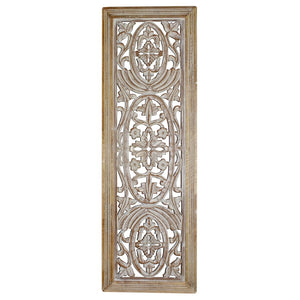 Benzara Rectangular Mango Wood Wall Panel Hand Crafted With Intricate Carving, White and Brown  BM01908 White and Brown Mango Wood and MDF BM01908