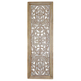 Rectangular Mango Wood Wall Panel Hand Crafted With Intricate Carving, White and Brown