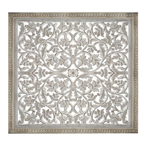 Benzara Square Shape Wooden Wall Panel with Cutout Sprig Pattern, Distressed White BM01911 White Mango Wood and MDF BM01911