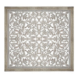 Benzara Square Shape Wooden Wall Panel with Cutout Sprig Pattern, Distressed White BM01911 White Mango Wood and MDF BM01911