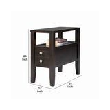 Benzara Wooden End Table with Upper Shelf and 2 Drawers, Dark Brown BM101052 Brown Solid Wood and Metal BM101052