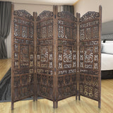 Benzara Classic 4 Panel Mango Wood Screen with Intricate Carvings, Brown BM119478 Brown Mango Wood BM119478