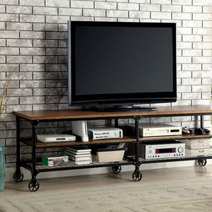 Benzara Ventura Ii Industrial 72" Tv Stand BM119866 Medium Oak Metal Wood Veneer & Others BM119866