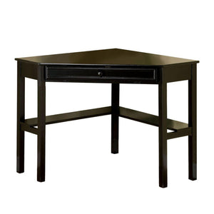 Benzara Porto Transitional Corner Desk In Black BM123325 Black Metal Tempered Glass Solid Wood & Others BM123325