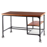 Benzara Industrial Style Wooden Desk With Two Bottom Shelves, Brown And Black BM123677 Brown and Black Wood and Metal BM123677