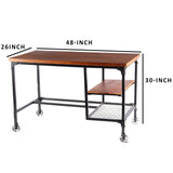 Benzara Industrial Style Wooden Desk With Two Bottom Shelves, Brown And Black BM123677 Brown and Black Wood and Metal BM123677