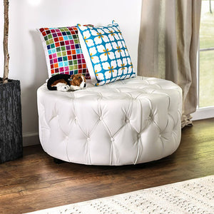 Benzara Latoya Contemporary Round Ottoman , White BM123820 White Faux Leather BM123820