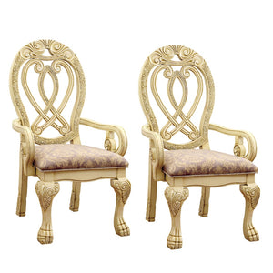 Benzara Traditional Wooden Arm Chair with Intricate Carvings, Set of 2,Gold and Brown BM131197 Cream Fabric Solid Wood Wood Veneer & Others BM131197