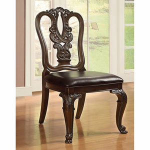 Benzara Bellagio Traditional Wooden Carving Side Chair, Set Of 2 BM131229 Brown Cherry Leatherette Solid Wood Wood Veneer & Others BM131229