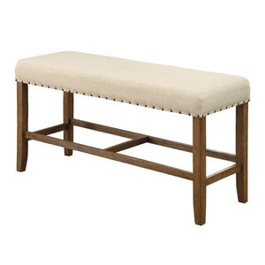 Benzara Sania Rustic Counter Height Bench In Ivory Linen BM131238 Natural Tone Wood BM131238