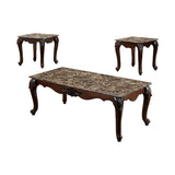 Benzara Traditional 3 Piece Coffee Table Set, Dark Cherry Brown BM131411 Dark Cherry Faux Marble Solid Wood Wood Veneer & Others BM131411