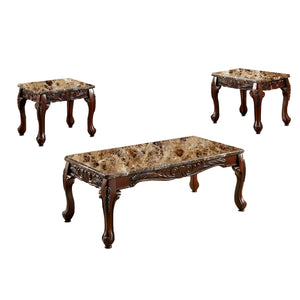 Benzara 3 PIECE TABLE SET With Marble Table Top, Dark Oak Brown BM131463 Dark Oak Wood BM131463