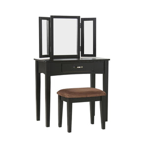 Benzara Wooden Vanity Set with 3 Sided Mirror and Padded Stool, Black BM138072 Black Microfiber, Solid Wood & Others BM138072