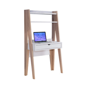 Benzara Huge Adorning Computer Desk With Drawer, Light Brown and White BM148919 Light Brown & White Wood and Metal BM148919