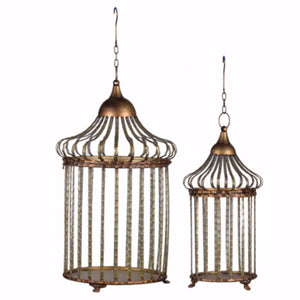 Benzara Caged Metal Frame Lantern ,Set of 2, Brass BM150856 Brass Metal BM150856