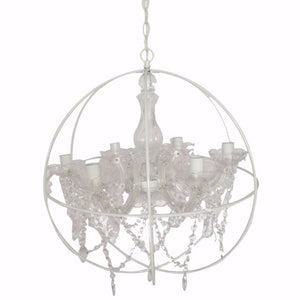 Benzara Round Cage Styled Metal Chandelier With Crystal hangings, White and Clear BM154190 White and Clear  plastic bead glass iron BM154190