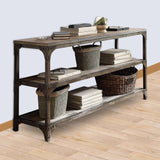 Benzara Gorden Console Table With 2  Shelves, Weathered Oak & Antique Silver BM154234 Brown & Antique Silver Pine Veneer MDF Iron Metal BM154234