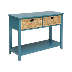 Benzara 2 Weave Front Drawer Wooden Console Table with Open Bottom Shelf, Blue BM154249 Blue Solid Wood, Veneer and MDF BM154249