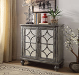 Benzara Wooden Console Table with 2 Doors and Mirror Fronts, Weathered Gray BM154254 Gray Solid Wood, MDF and mirror BM154254