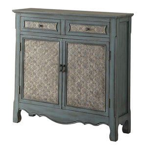 Benzara 2 Door Cabinet Wooden Console Table with Scalloped Apron, Distressed Blue BM154262 Blue Solid Wood BM154262