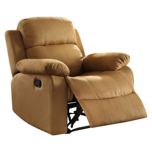 Benzara Microfiber Metal Glider Recliner Chair with Pillow Top Armrest, Light Brown BM154327 Brown Metal and Fabric BM154327