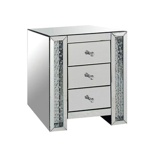 Benzara 3 Drawer Mirrored Nightstand with Faux Crystals Inlay, Silver BM154572 Silver Solid Wood, Mirror and Faux Crystal BM154572