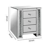 Benzara 3 Drawer Mirrored Nightstand with Faux Crystals Inlay, Silver BM154572 Silver Solid Wood, Mirror and Faux Crystal BM154572