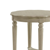 Benzara Wooden End Table with Scalloped Round Top and Turned Legs, Antique White BM154599 White Solid Wood and MDF BM154599